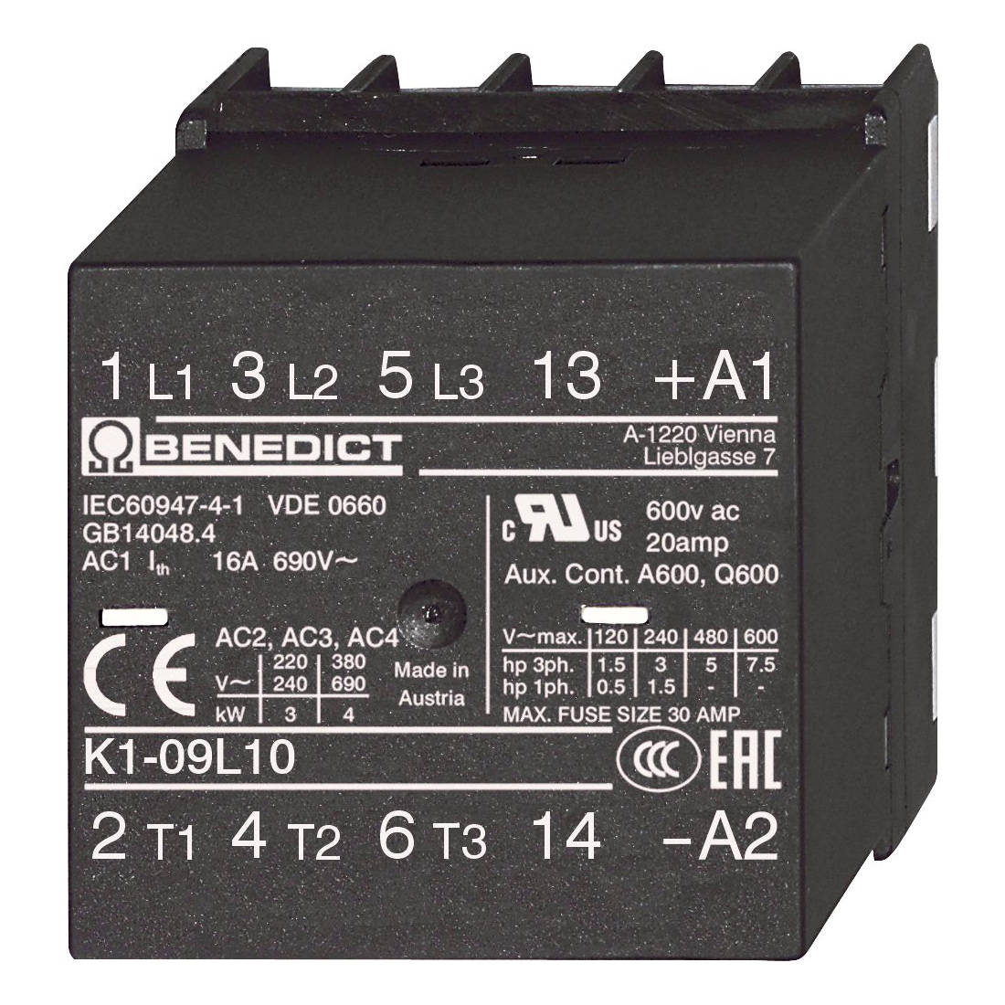 Интерфейсный контактор 4кВт 3~400В (9А AC3), катушка 19-30В= DC 1,5W для PCB K1-09L10= 24VR Benedict