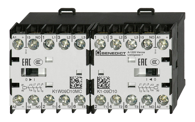 Реверсивный миниконтактор 9А 3П(1НО) 24В AC с фильтром K1W09D10MC 24VS Benedict