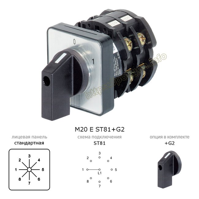 Многопозиционный переключатель, 32А, 1П на 8 положений, на панель, 1-2-3-4-5-6-7-8 - M20 E ST81+G2