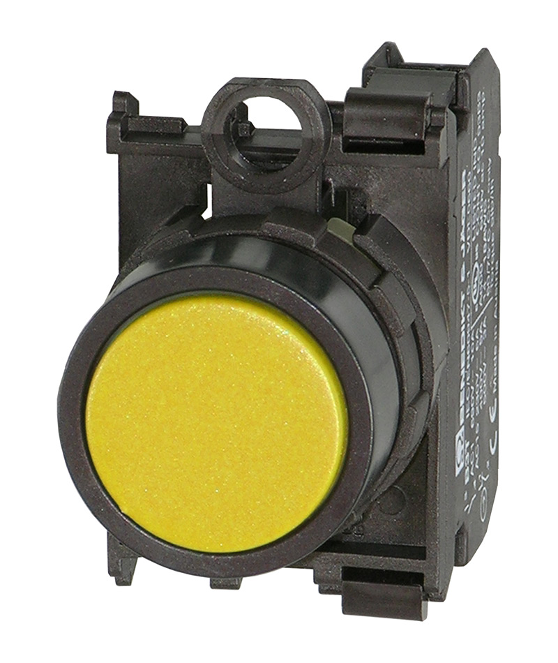 Кнопка желтая без фиксации в сборе, в отв. 22,5мм, IP67, с кольцом черного цвета, без маркировки, (1NO) BS3D GE/10 Benedict