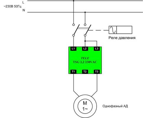 Подключение однофазного асинхронного двигателя к устройству плавного пуска TSG 2,2 230VAC