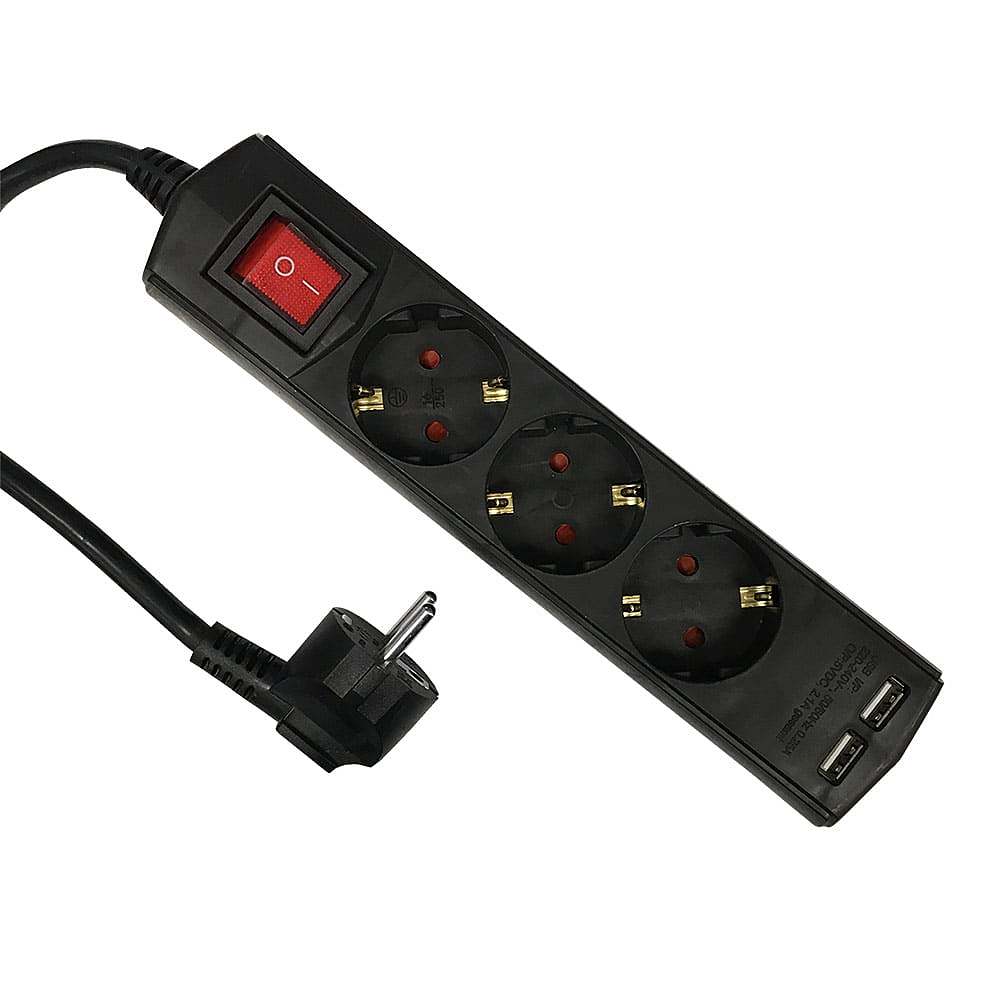 Удлинитель с USB 3/2м, черный 16А/3,6кВт с з/к, выкл. и USB, ПВС 3*1,5 ETP